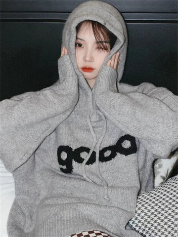 Getadme-Y2k Vintage Grey Sweater Pullover Women Streetwear 90s Aesthetic Oversize Jumper Harajuku Fashion Casual Knitted Top